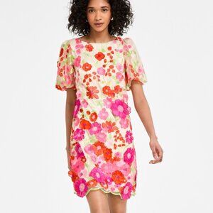 Eliza J Embroidered Floral Puff-Sleeve Shift Dress – Pink – NWT Size 4